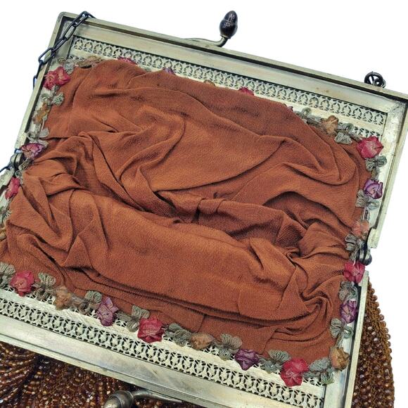 Art Deco Beaded Handbag 1920s Flapper Purse Vintage Bronze Chain Copper Fringe - Picture 4 of 10